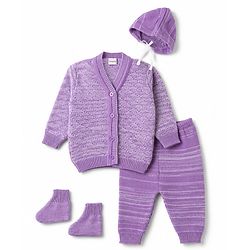 Babyhug Knit Full Sleeves Solid Textured Sweater Set With Booties & Cap - Purple