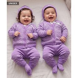 Babyhug Knit Full Sleeves Solid Textured Sweater Set With Booties & Cap - Purple