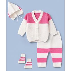 Babyhug Knit Sweater Set and Cap with Full Sleeves and Color Block in Pink