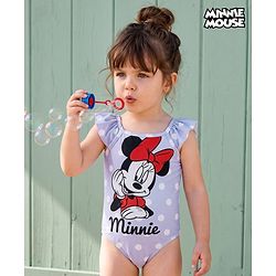 Babyhug Disney Sleeveless V Cut Swimsuit with Frill Design & Minnie Mouse Print - Purple & Red