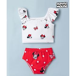 Babyhug Disney  Sleeveless Two Piece Swimsuit With Minnie Mouse Family Graphic - White