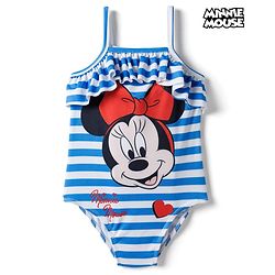 Babyhug Disney Sleeveless V Cut Swimsuit with Frill Design & Minnie Mouse Print - Blue