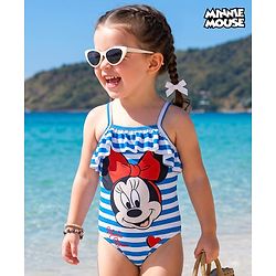 Babyhug Disney Sleeveless V Cut Swimsuit with Frill Design & Minnie Mouse Print - Blue