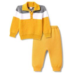 Babyhug Knitted Full Sleeves Striped Sweater Set - Mustard