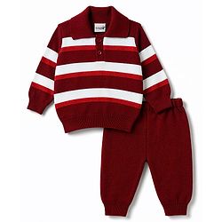 Babyhug Knit Full Sleeves Striped Sweater & Pant Set - Maroon
