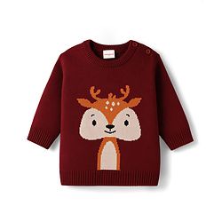 Babyhug Knitted Full Sleeves Sweater Set With Deer Design - Maroon