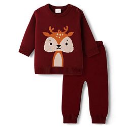 Babyhug Knitted Full Sleeves Sweater Set With Deer Design - Maroon