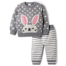 Babyhug Knit Full Sleeves Sweater Set With Stripes & Polka Dots & Bunny Design - Grey