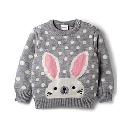 Babyhug Knit Full Sleeves Sweater Set With Stripes & Polka Dots & Bunny Design - Grey