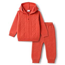 Babyhug Knitted Full Sleeves Hooded Sweater Set - Red