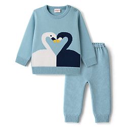 Babyhug Knitted Full Sleeves Sweater Set With Swan Print - Light Blue