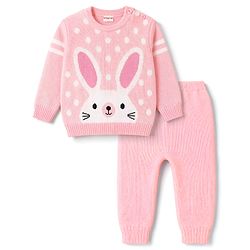 Babyhug Knitted Full Sleeves Sweater Set With Bunny Print - Pink