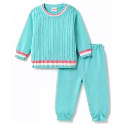 Babyhug Knitted Full Sleeves Solid Sweater Set with Cable Knit Design - Light Blue