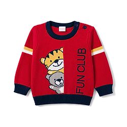 Babyhug Knitted Full Sleeves Sweater Set With Animal Design - Red