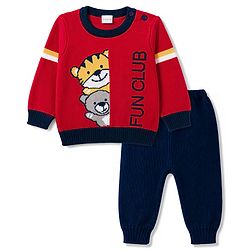 Babyhug Knitted Full Sleeves Sweater Set With Animal Design - Red
