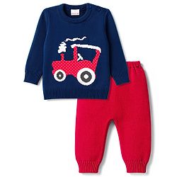 Babyhug Knitted Full Sleeves Sweater Set With Tractor Design - Navy Blue