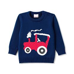 Babyhug Knitted Full Sleeves Sweater Set With Tractor Design - Navy Blue