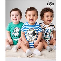 Babyhug Disney 100% Cotton Knit Half Sleeves Striped Onesies With 101 Dalmatians Graphics Pack Of 3 - Blue Green & White