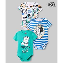 Babyhug Disney 100% Cotton Knit Half Sleeves Striped Onesies With 101 Dalmatians Graphics Pack Of 3 - Blue Green & White