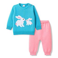 Babyhug Knitted Full Sleeves Sweater Set With Bunny Design - Light Blue