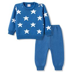 Babyhug Knitted Full Sleeves Sweater Set With Star Design - Blue