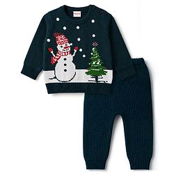 Babyhug Knitted Full Sleeves Sweater Set With Snowman Design - Navy Blue