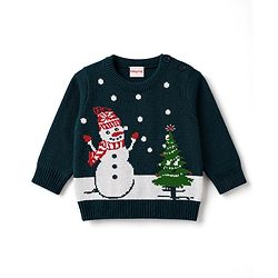 Babyhug Knitted Full Sleeves Sweater Set With Snowman Design - Navy Blue