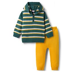 Babyhug Knit Full Sleeves Striped Hooded Sweater Set - Dark Green & Yellow