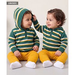 Babyhug Knit Full Sleeves Striped Hooded Sweater Set - Dark Green & Yellow