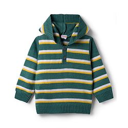 Babyhug Knit Full Sleeves Striped Hooded Sweater Set - Dark Green & Yellow