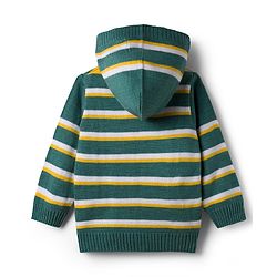 Babyhug Knit Full Sleeves Striped Hooded Sweater Set - Dark Green & Yellow