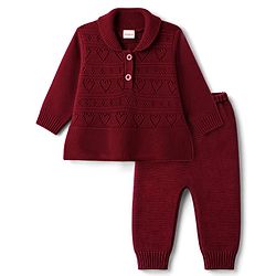 Babyhug Knitted Full Sleeves Sweater Set - Wine