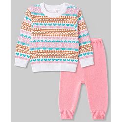 Babyhug Knitted Full Sleeves Sweater Set With Floral Design - Pink