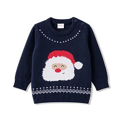 Babyhug Knitted Full Sleeves Sweater Set With Santa Design - Navy Blue
