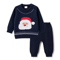 Babyhug Knitted Full Sleeves Sweater Set With Santa Design - Navy Blue
