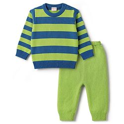 Babyhug Knitted Full Sleeves Striped Sweater Set - Green