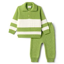 Babyhug Knitted Full Sleeves Striped Sweater Set - Green