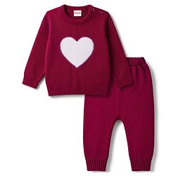Babyhug Knitted Full Sleeves Sweater Set With Heart Design - Wine