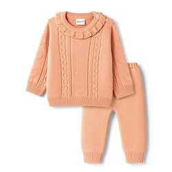 Babyhug Knitted Full Sleeves Sweater Set - Peach