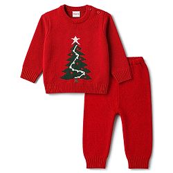 Babyhug Knitted Full Sleeves Sweater Set With Christmas Tree Design - Red
