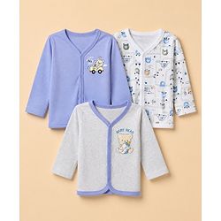 Babyhug 100% Cotton Interlock Knit Full Sleeves Jhablas with Cute Baby Bear Embroidery and Bear Travel Print Pack of 3 - White, Light Grey, Lavender