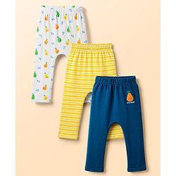 Babyhug 100% Cotton Interlock Knit Full Length Diaper Leggings with Stripes & Fruits Print Pack of 3 - Blue