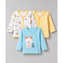 Babyhug 100% Cotton Interlock Knit Front Open Full Sleeves Striped Jhablas With Teddy Bear Print & Applique Pack of 3 - Yellow, White & Light Blue