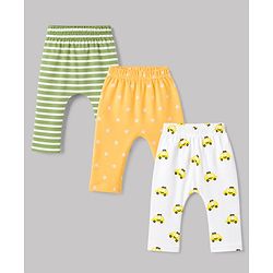 Babyhug 100% Cotton Knit Full Length Striped Star & Vehicles Printed Diaper Leggings Pack of 3 - Multicolor