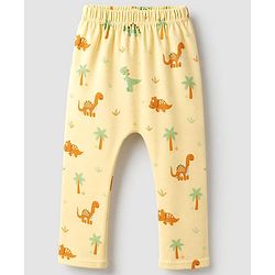 Babyhug 100% Cotton Knit Full Length Striped & Dino Printed Diaper Leggings Pack Of 3 - Green Yellow & White
