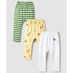 Babyhug 100% Cotton Knit Full Length Striped & Dino Printed Diaper Leggings Pack Of 3 - Green Yellow & White