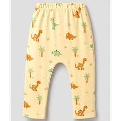 Babyhug 100% Cotton Knit Full Length Striped & Dino Printed Diaper Leggings Pack Of 3 - Green Yellow & White
