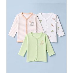 Babyhug 100% Cotton Knit Full Sleeves Striped Jhablas with Animal & Farm Print Pack of 3 - Peach , Green & White