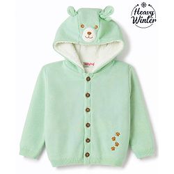 Babyhug Knit Full Sleeves Bear & Paw Embroidered Hooded Sweater - Mint