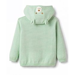 Babyhug Knit Full Sleeves Bear & Paw Embroidered Hooded Sweater - Mint